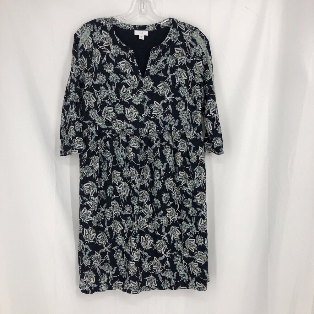 J JILL Jersey Shift Dress PXS Blue Floral Paisley V Neck 3/4 Sleeve